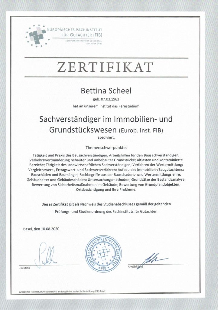 Zertifikat-Sachverstandiger Immobilien- und Grundstückswesen Bettina Scheel