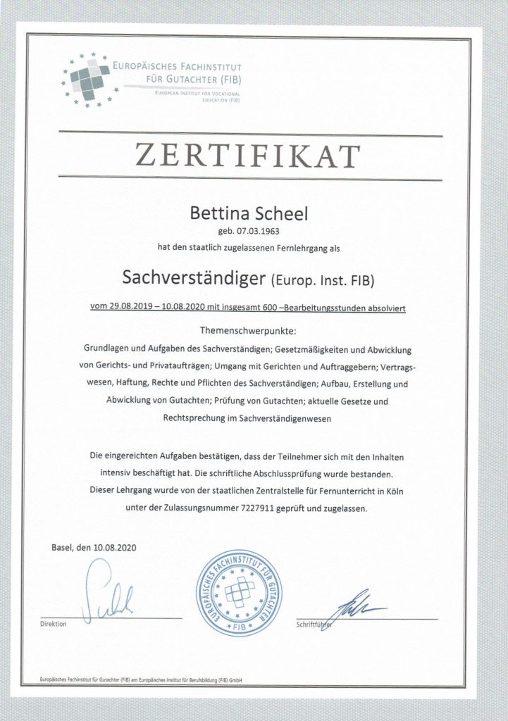 Zertifikat meiner Tätigkeiten Bettina Scheel